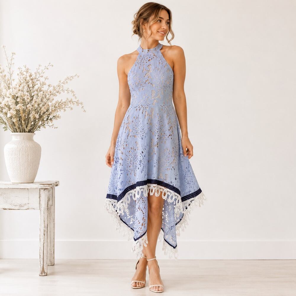 Champagne & Strawberry Hi- Lo Halter Dress Women's Size L Blue Lace NWT Boho